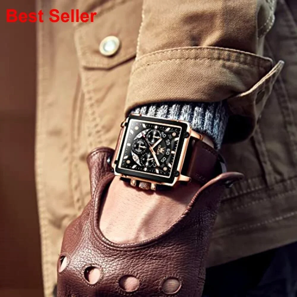 Men's Leather Chronograph Watch with Luminous Date Water Resistant
